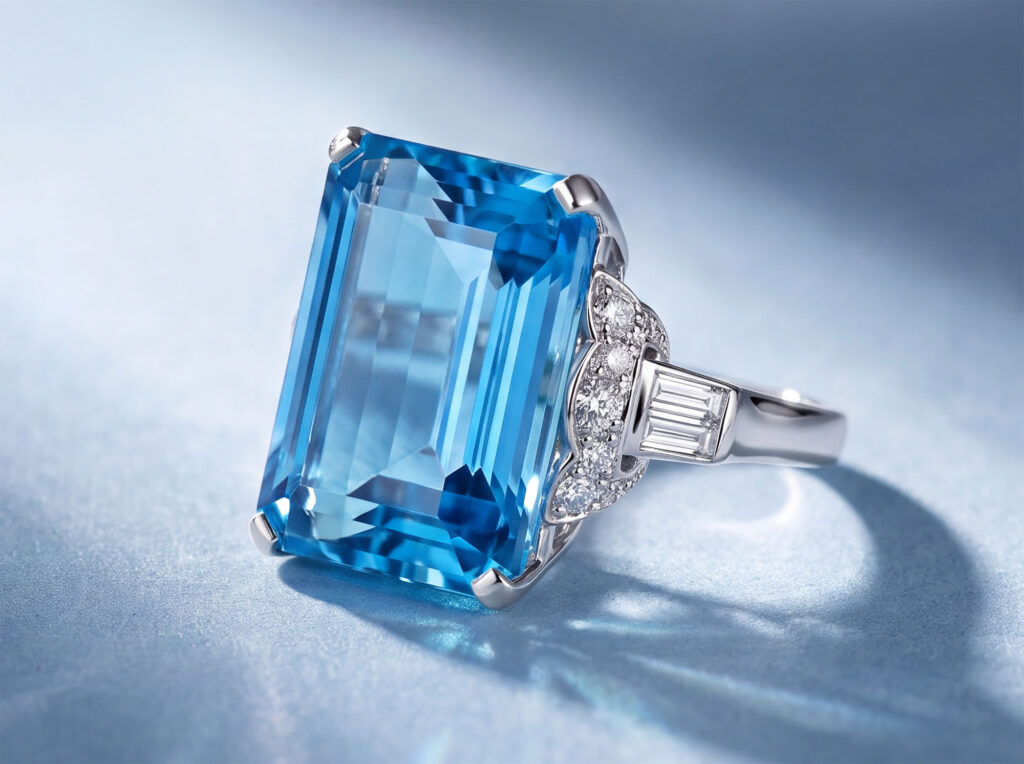 Massive emerald-cut blue topaz platinum cocktail ring with scalloped diamond shoulders and side baguettes