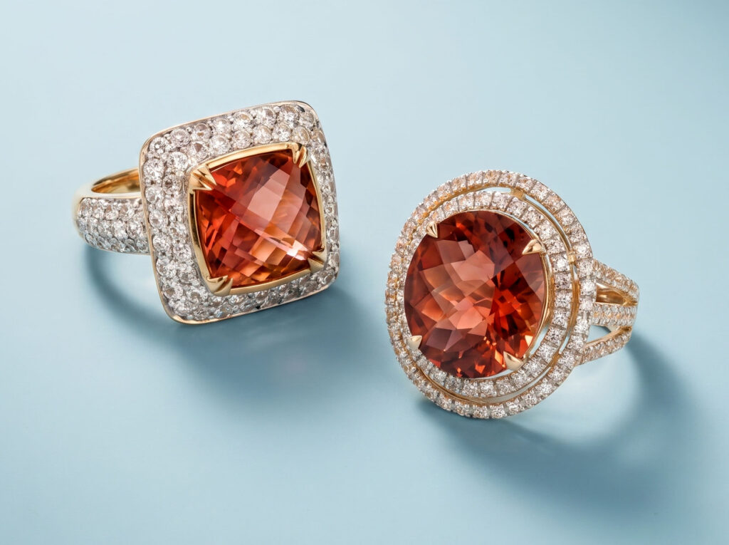 Yellow gold cocktail rings featuring a cushion-cut garnet with a split-shank and a round garnet with a double halo