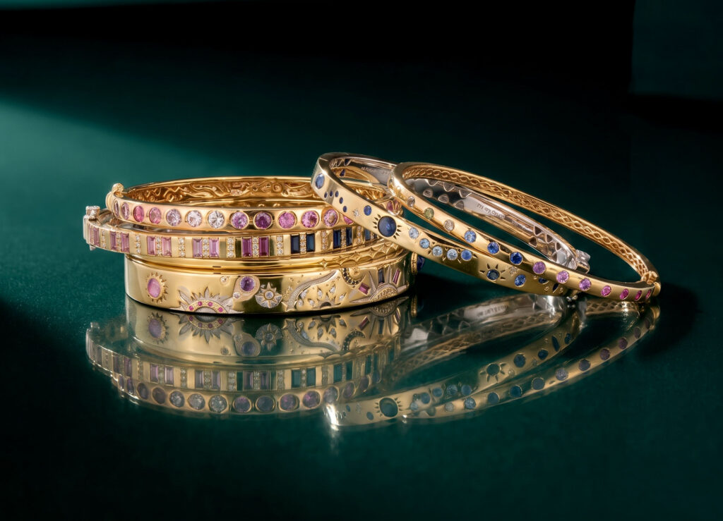 gold gemstone bangle bracelets commercial photography irvine