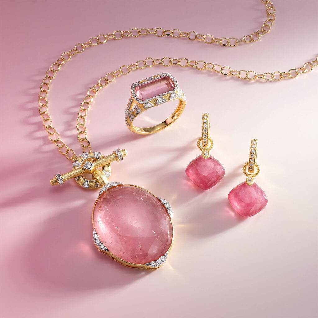 Matching yellow gold suite featuring a pink tourmaline toggle necklace, cushion-cut ring, and drop earrings