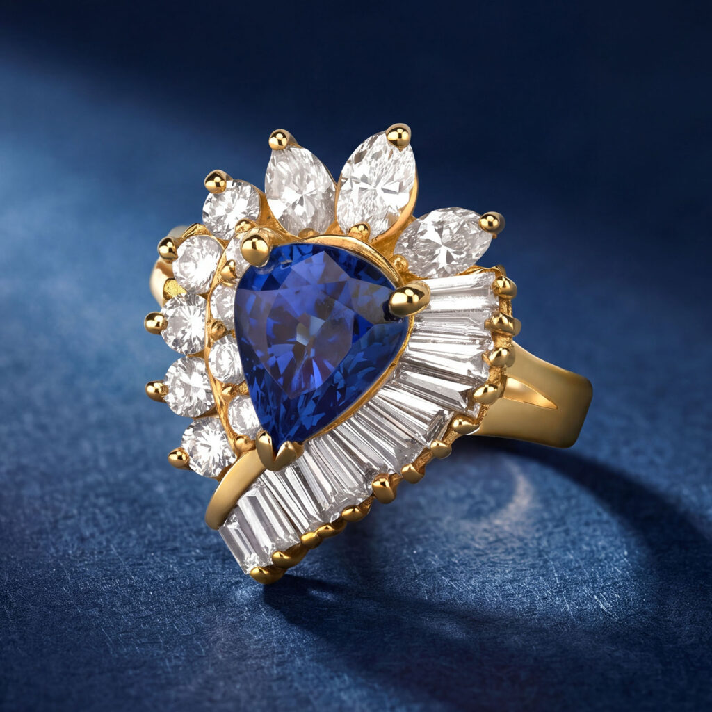 Yellow gold ballerina ring set with a large pear-shaped blue sapphire and a crown of white diamonds