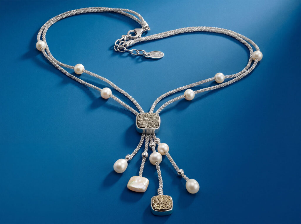 Frederic Duclos silver mesh necklace with freshwater pearls and a square druzy station cascading into a tassel