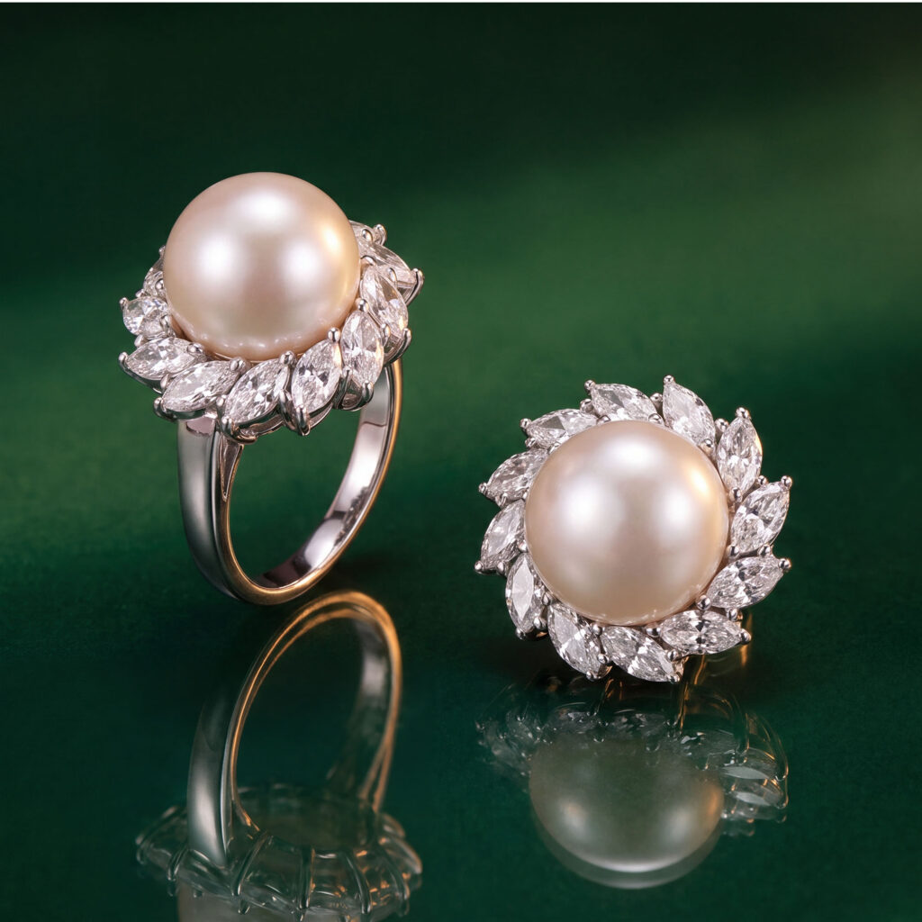 White gold ring and earring set featuring golden South Sea pearls and clusters of marquise diamonds